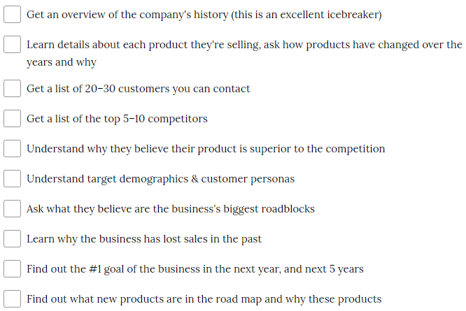 Checklist Of Information To Get Answered In a One-On-One Market Research Interview