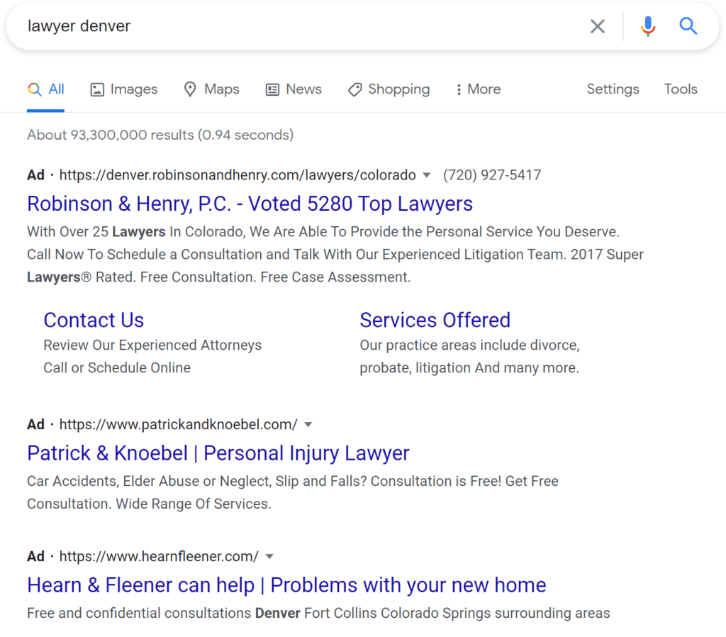 Pay-per-click Google ads at the top SERP position