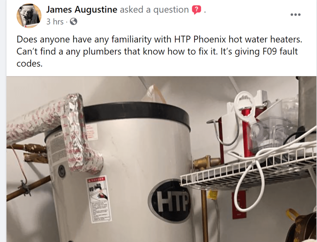 User post in a Facebook group asking about how to fix their hot water heater
