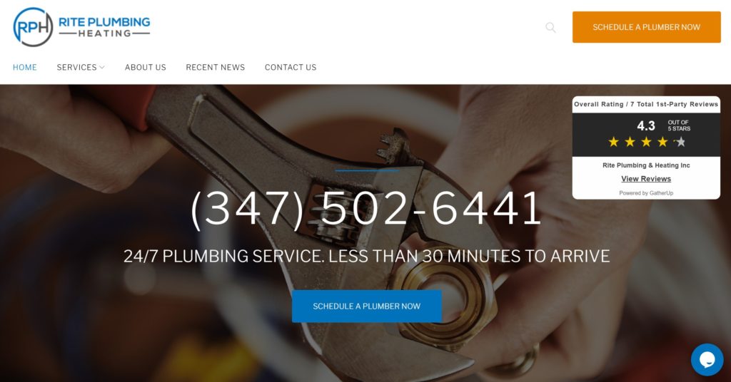 Rite Plumbing hero section shows off contact details