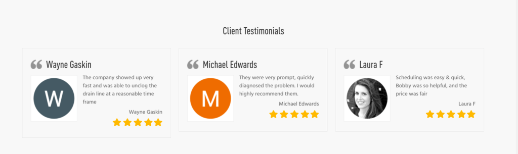 Plumber's client testimonials with positive reviews