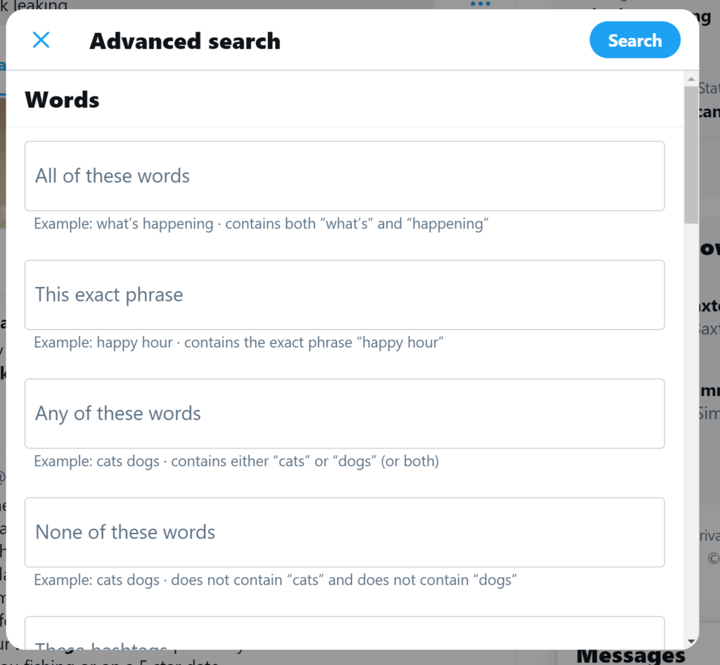 Twitter word search screen