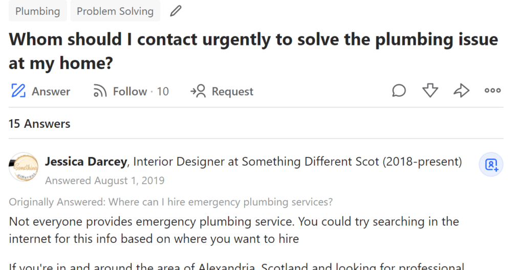 Quora user posts a question asking who to contact for an urgent plumbing issue at home