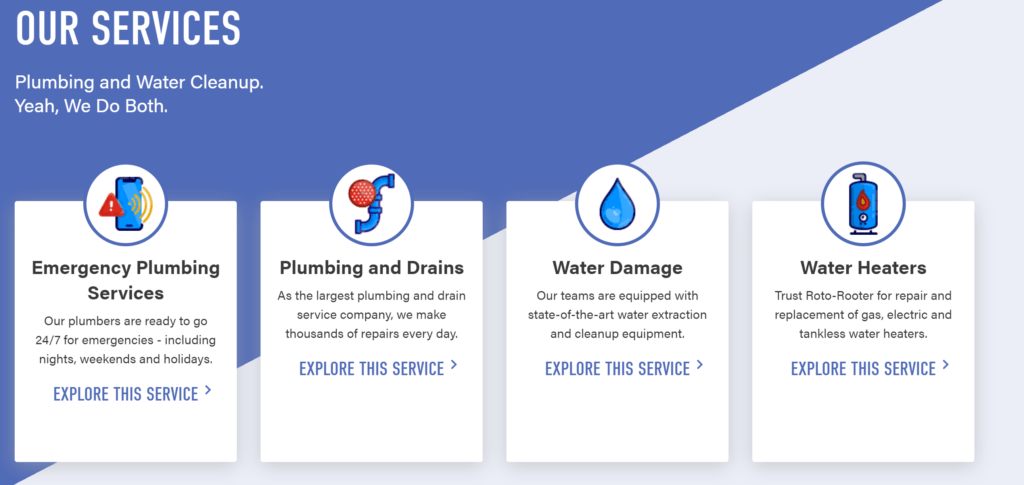 Plumbing website screenshot of their Services section