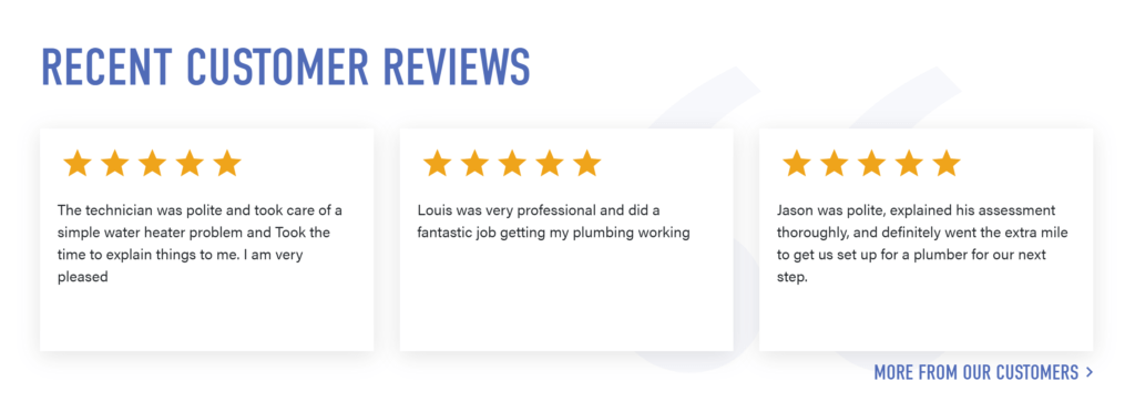 Screenshot of customer reviews for a plumbing technician