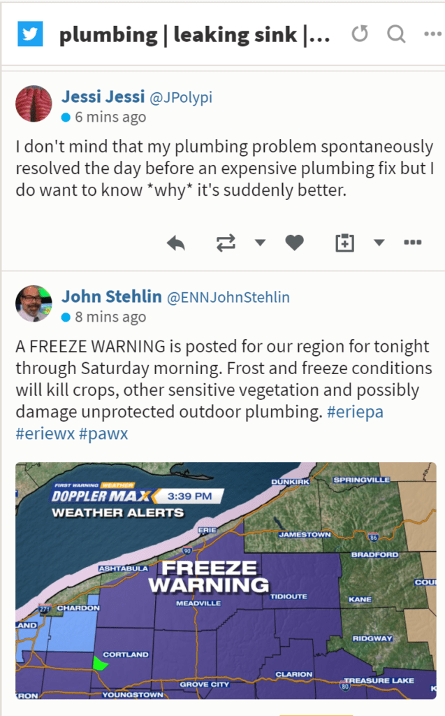 Example of Hootsuite streams keyword results for plumbing terms