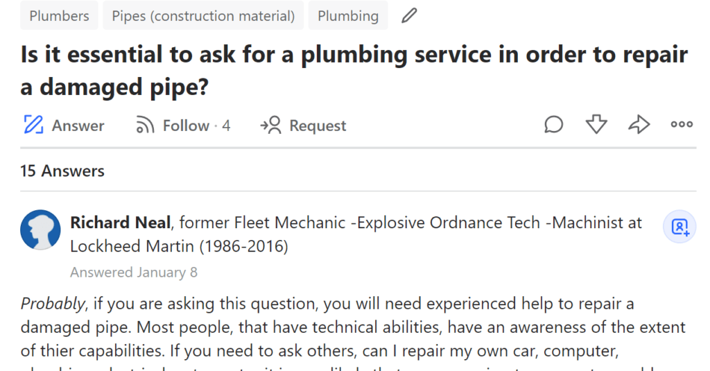 Quora post asking if it is essential to get a plumbing service to repair a damaged pipe
