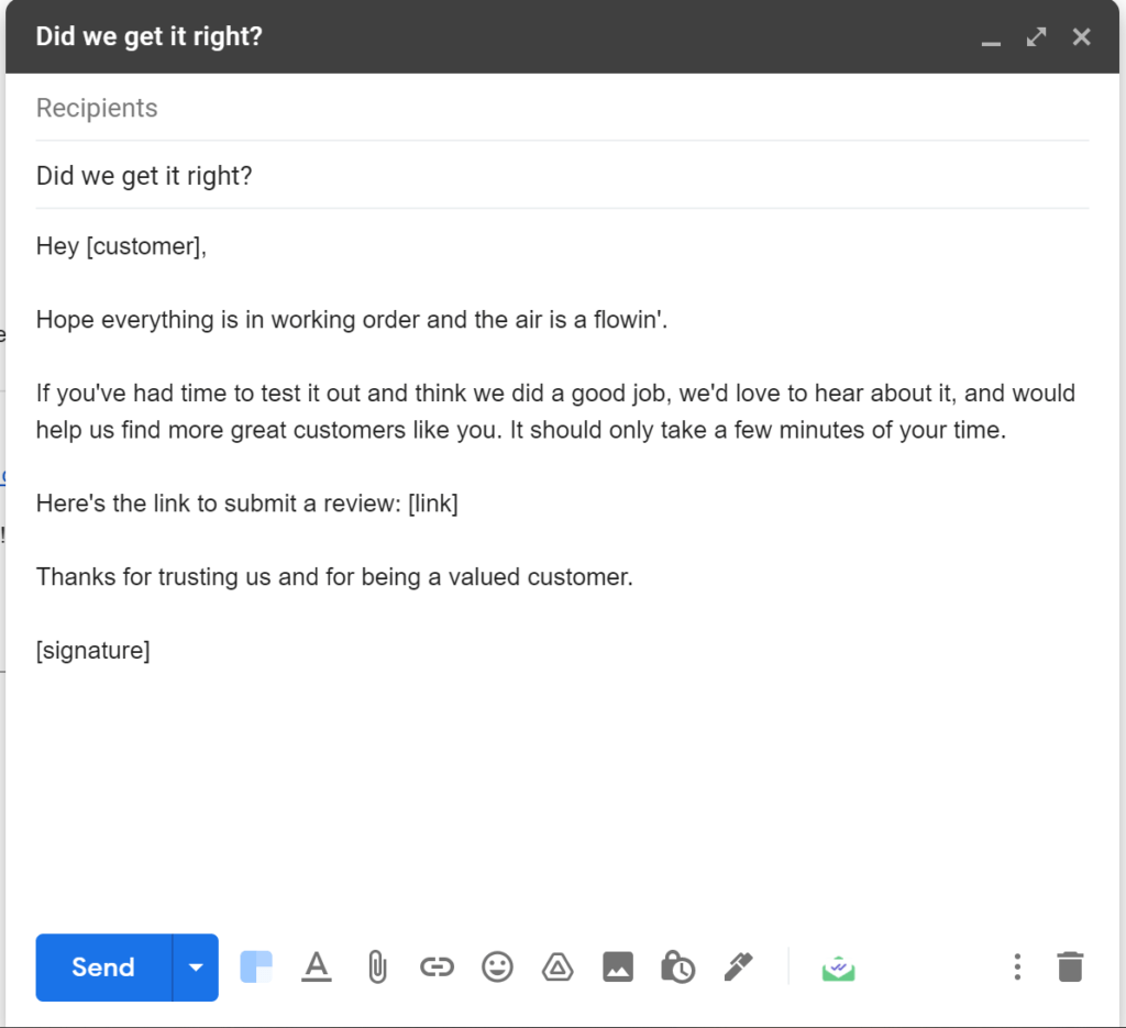 An email template that can be sent to customers to ask them to review your business