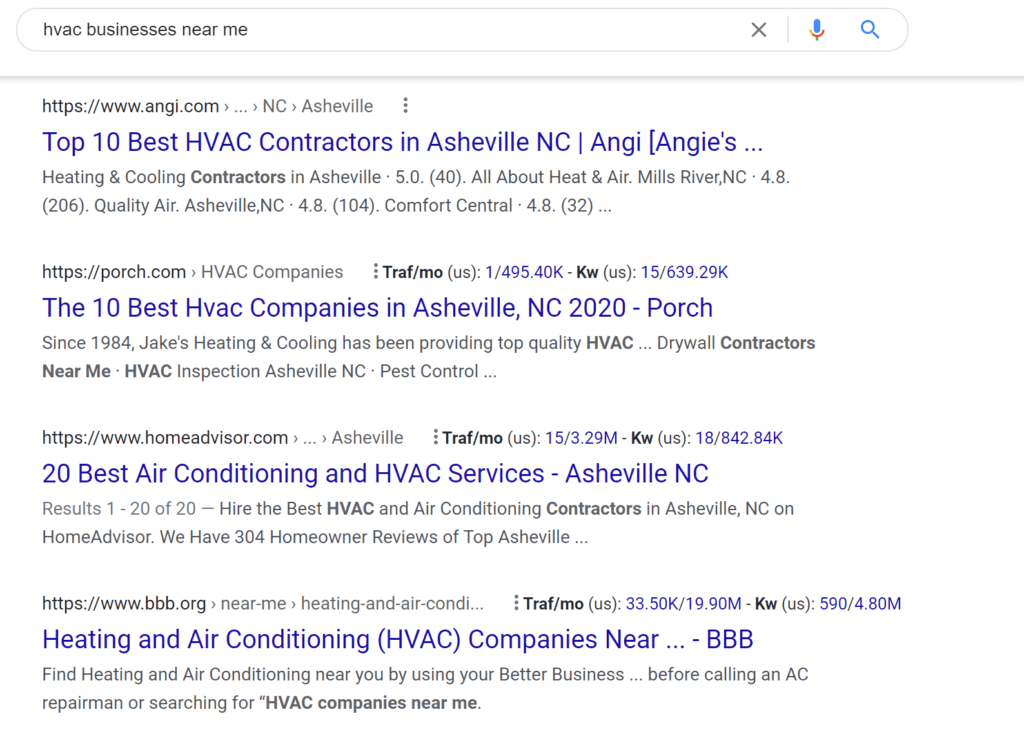 Page 1 results on Google when searching for 
