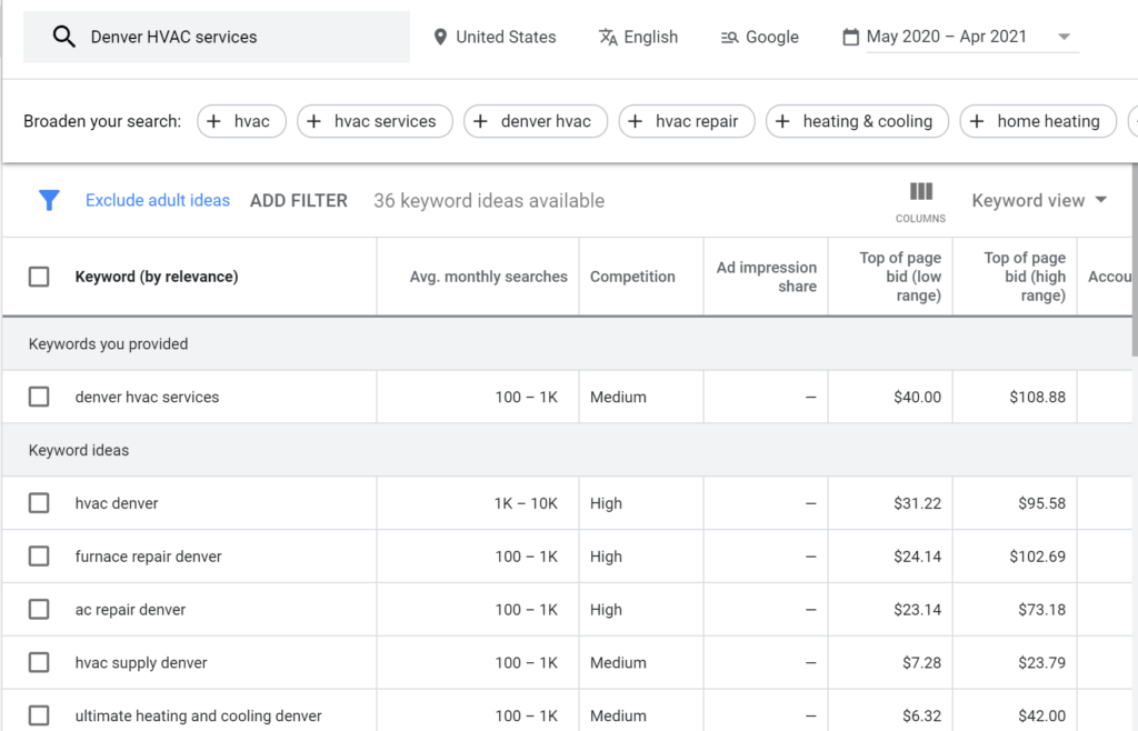 Google Keyword Planner screenshot of a keyword search for HVAC services in Denver