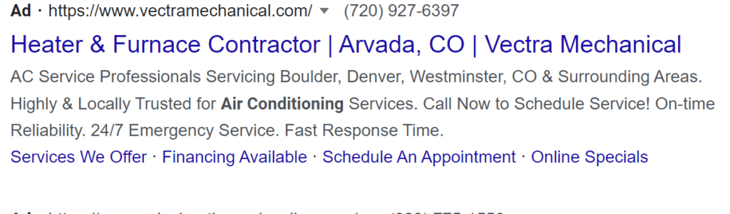 Paid ad in the search engine results for Google about air conditioning services