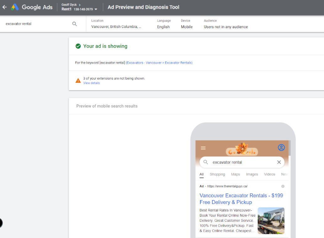Screenshot of the Google Ads Previews and Diagnostics Tool to see what your ads look like