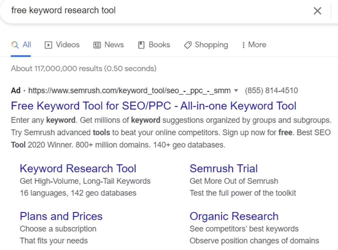 Google search results for free keyword research tool