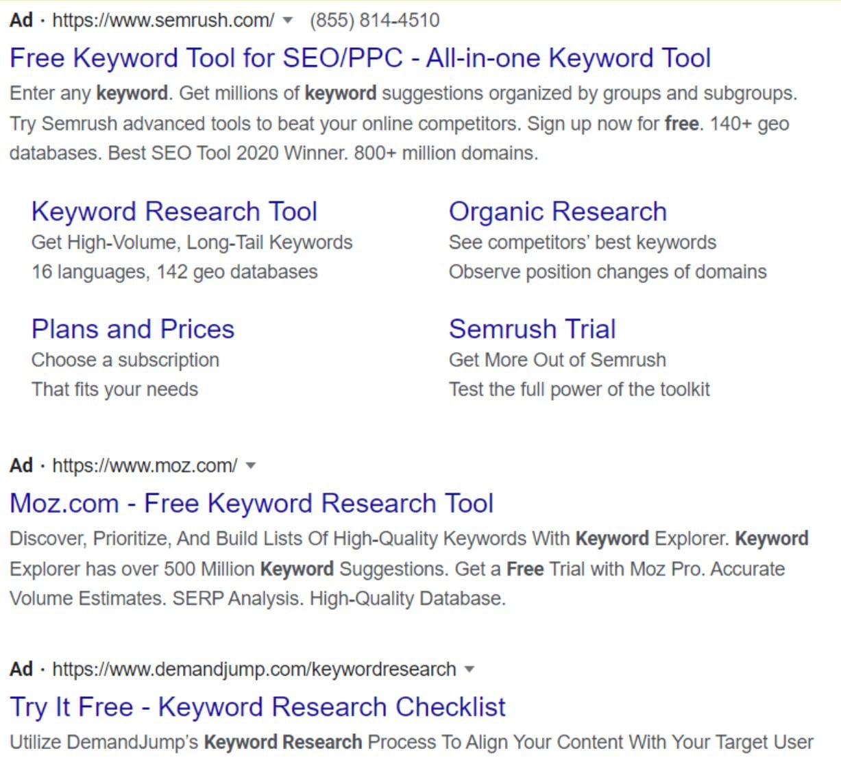 Google SERP for a search of keyword research tool