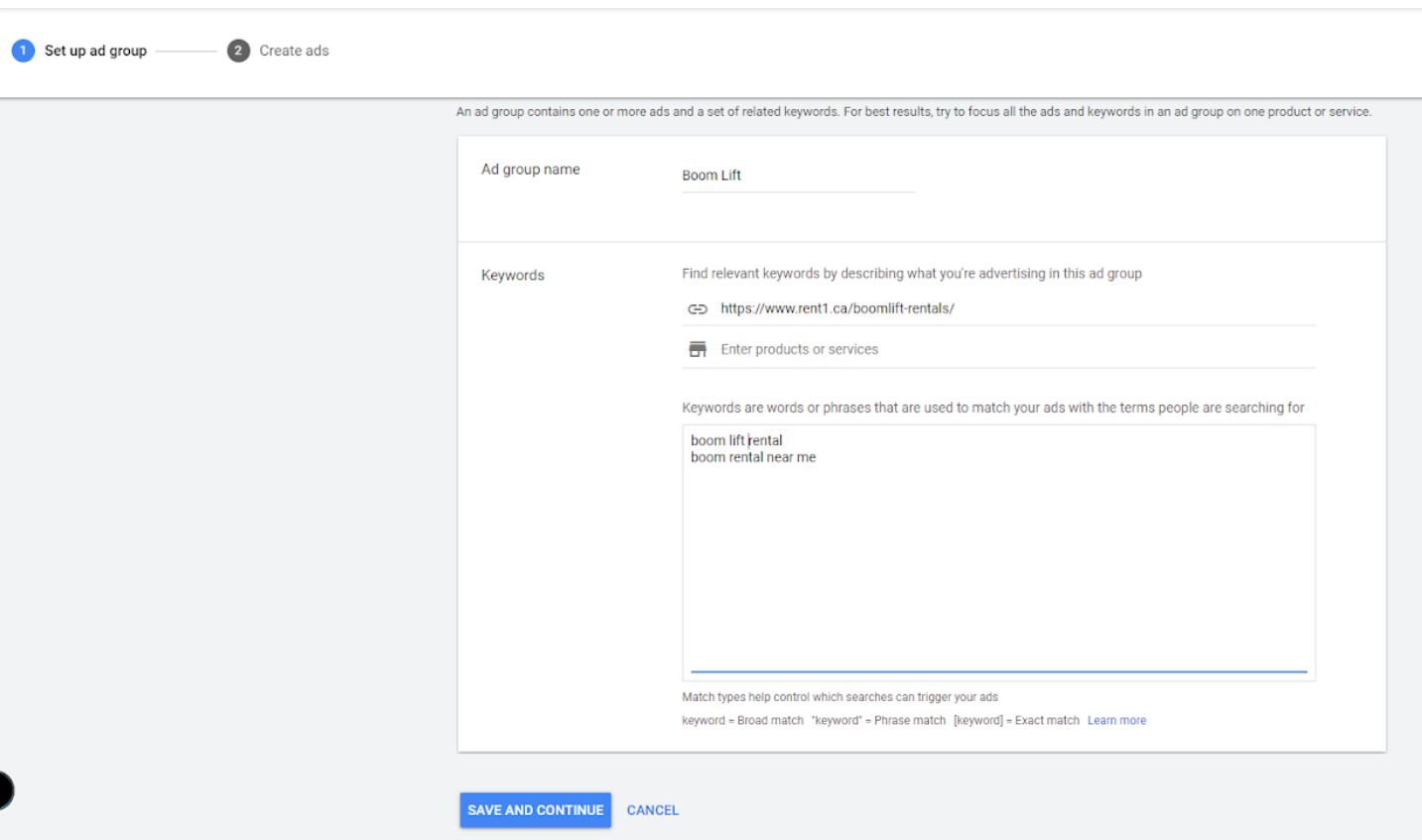 Screenshot of the 'Set up ad group' process in Google Ads